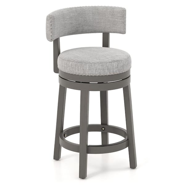 Gymax 26.5 in. Gray Upholstered Wooden Swivel Bar Stool Counter Height Kitchen Chair with Back