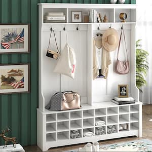 77.1 in. H White Multiple Functions Hallway Coat Rack with Metal Black Hooks and 24-Shoe Cubbies