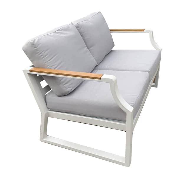 Elves Aluminum White Outdoor Patio Loveseat Sofa With Gray Cushions
