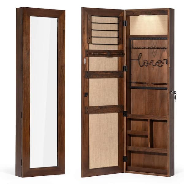 47.2 in. Reddish Brown Jewelry Armoire, Lockable Tall Mounted Mirror Cabinet w/ Full-Length Mirror, Drawers & Lights