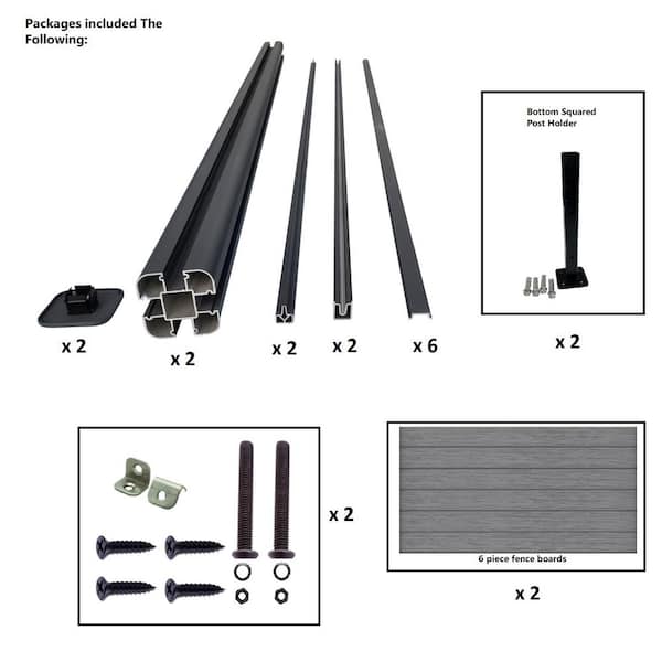 LH EP Complete Kit 6 ft. x 6 ft. Embossed Gray WPC Composite Fence Panel with Bottom Squared Holders and Post Kits (1-set)