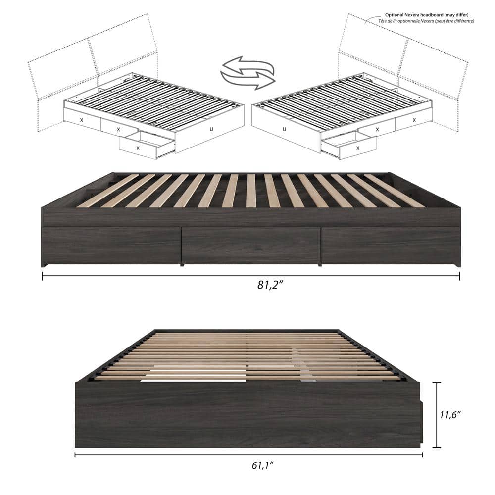 Bark Gray Queen Wood Storage Bed Frame with 3 Drawers