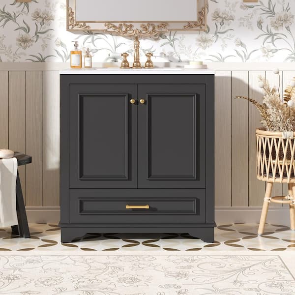 30.5 in. Single Sink Freestanding Black Bath Vanity with White Ceramic Top