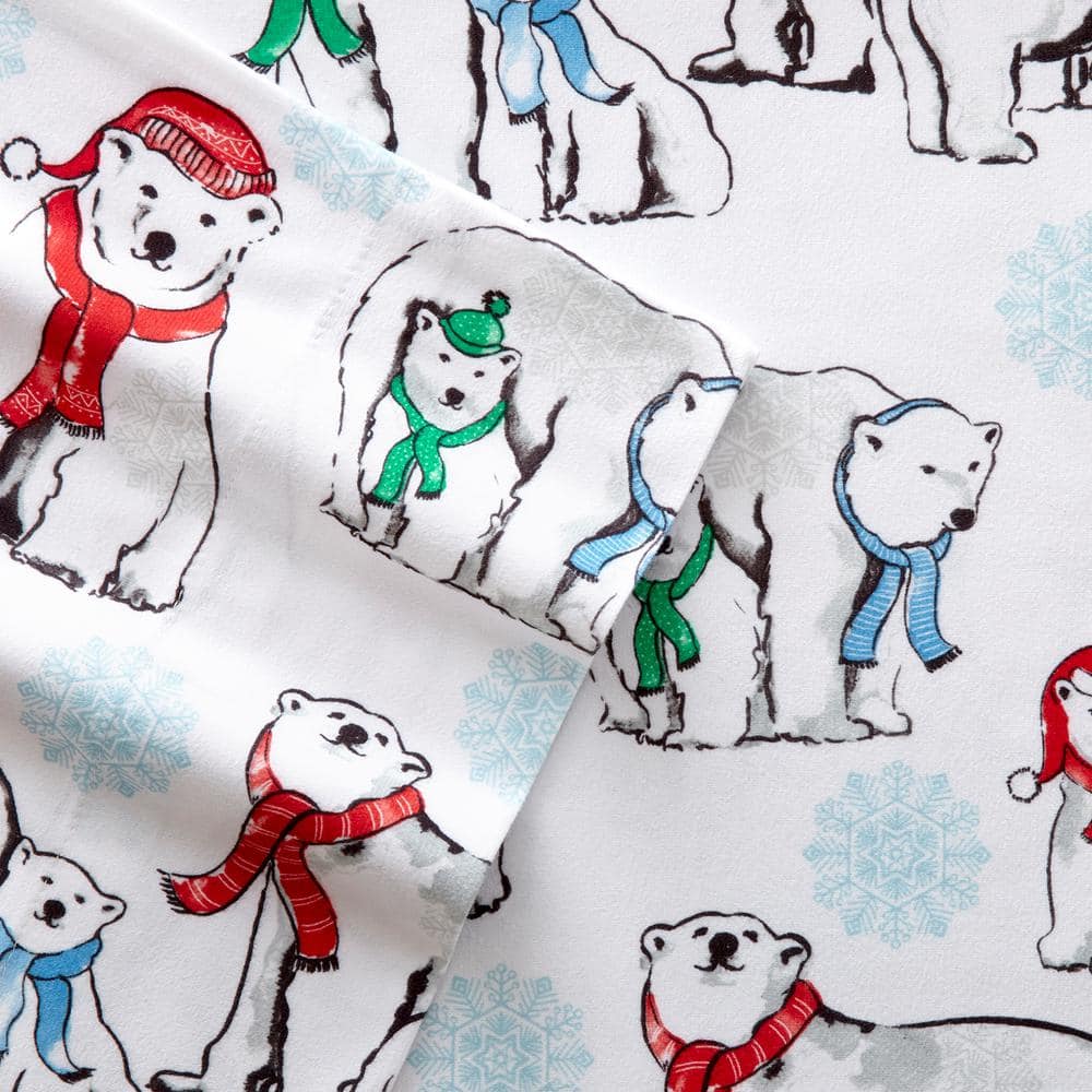 King Blue Polar Bear Print Micro Flannel Sheet Set