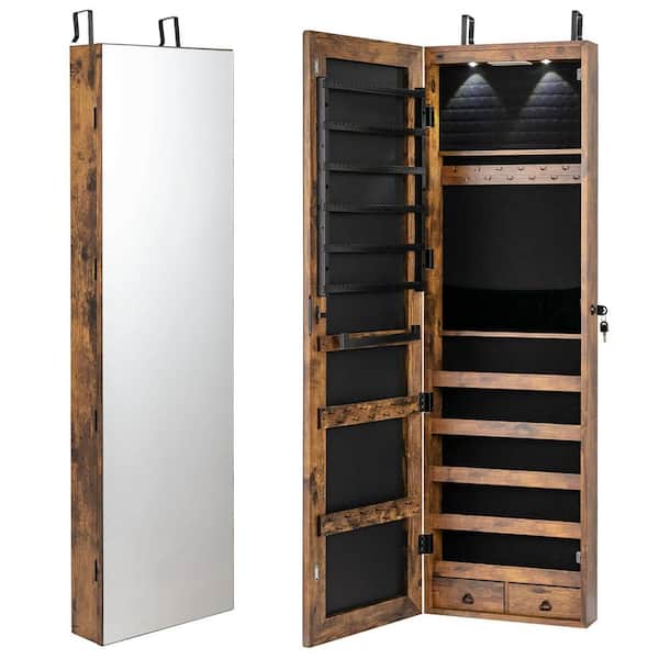 Brown Wall and Door Mounted Mirrored Jewelry Cabinet with Lights