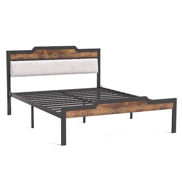 BYBLIGHT Brown and Black Wood Frame Queen Size Platform Bed with Headboard and Footboard