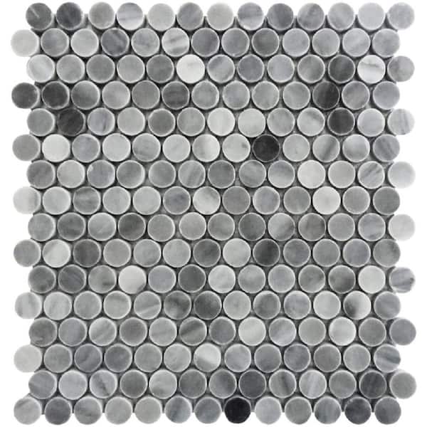 Apollo Tile White and Grey 11.3 in. x 12.3 in. Penny Round Polished Marble Mosaic Tile (4.83 sq. ft./Case)