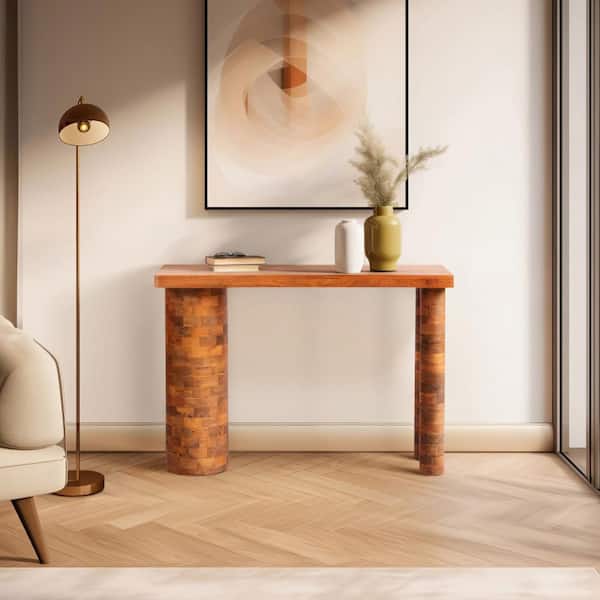 Brown 45 in. Rectangle Wood Console Table with Sculptural Cylinder Legs