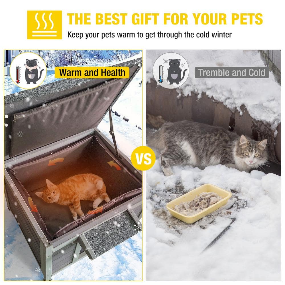 Insulated Gray Wooden Outdoor Cat House with Thermal Liner