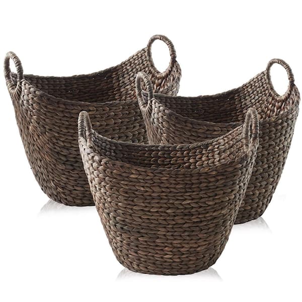 Casafield Brown Espresso 20 in. x 18 in. Wicker Hyacinth Decorative Baskets Boat Shaped Woven Laundry Totes Sm, Med, Lg (Set of 3)