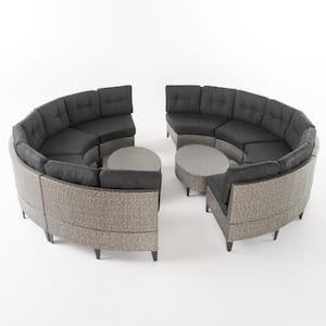 Manteo Mixed Black 10-Piece Faux Rattan Patio Conversation Sectional Seating Set with Dark Grey Cushions