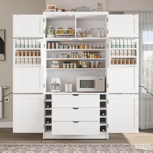 White Wood 41.3 in. x 80.1 in. Pantry Cabinet, Food Pantry with 2 Power Outlets, Adjustable Shelves and Door Shelves