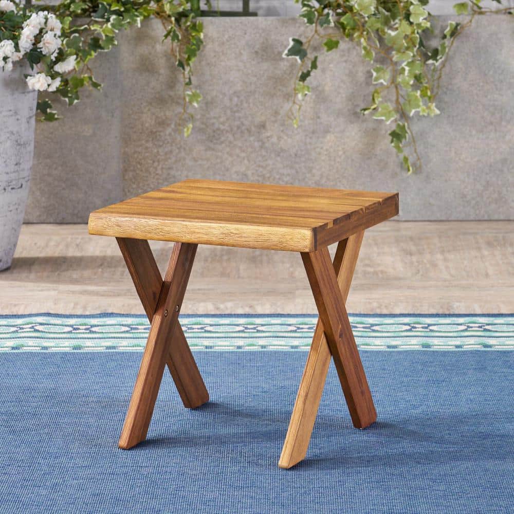 Sandblasted Teak Acacia Wood Cross Base Side Table