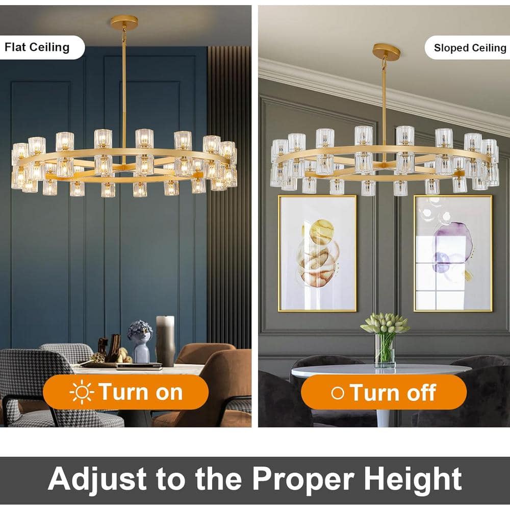 36-Light Gold Round Crystal Chandelier with LED Bulbs