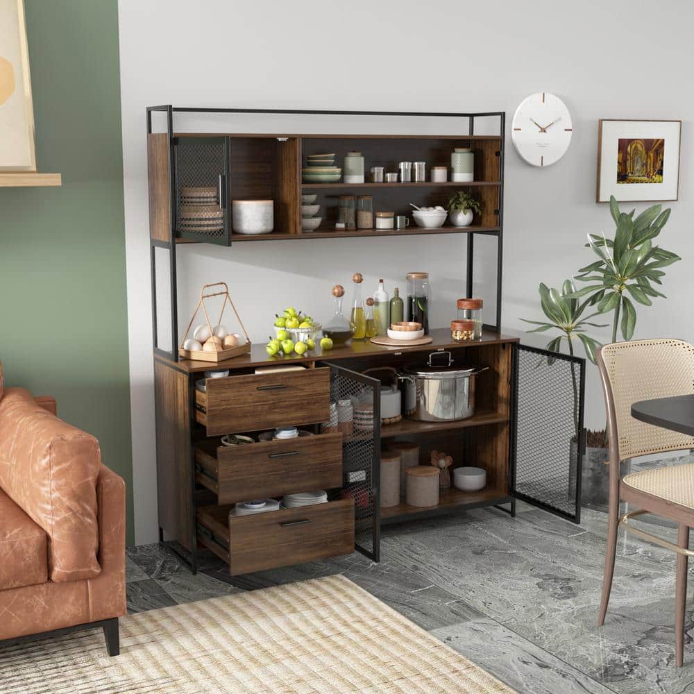 Brown Wood and Metal Mesh 3-Door Kitchen Pantry Cabinet