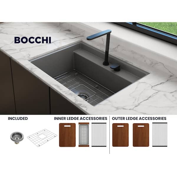 Baveno Uno Matte Gray Fireclay 27 in. Single Bowl Undermount/Drop-In 2-hole Kitchen Sink w/Integrated WS and Acc.