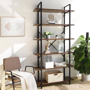 84 in. Brown 6-Shelf Ladder Bookshelf with Adjustable Foot Pads and Open Back