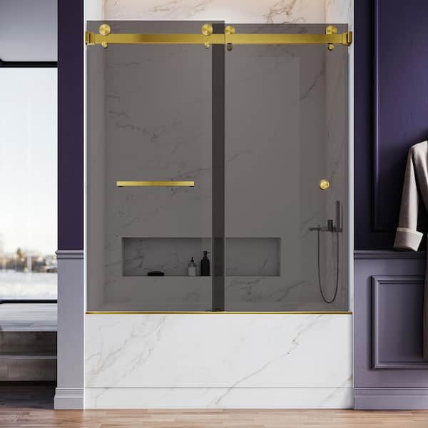 UNIKOO UKD01 56 to 60 in. W x 66 in. H Double Sliding Frameless Bathtub Door in Satin Brass w/ EnduroShield 3/8in. Tinted Glass
