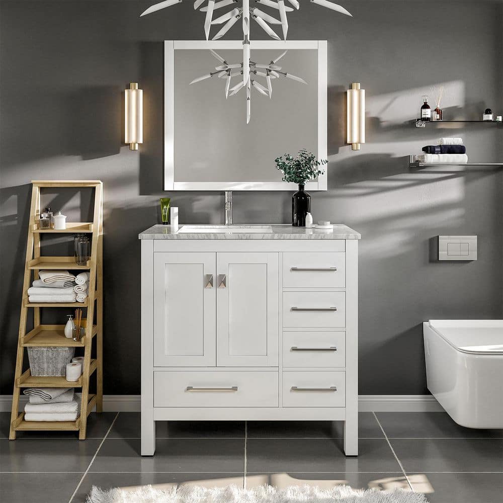 Eviva London 38 in. W x 18 in. D x 34 in. H Bathroom Vanity in White with White Carrara Marble Top with White Sink -  TVN414-38X18WH