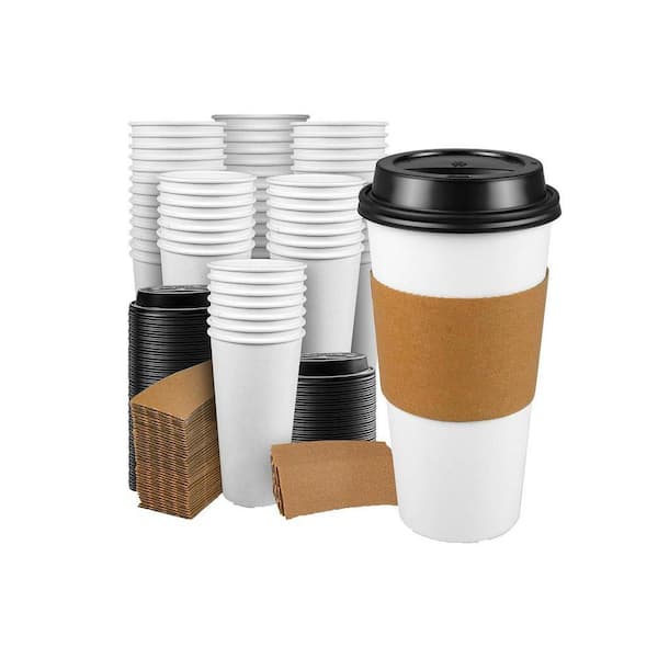 White Black Disposable Paper Coffee Cups with Lids and Sleeves Hot Drink To Go Cups (100 Per Case) Plastic