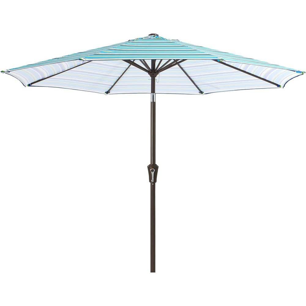 9 ft. Iron Market Tilt Patio Umbrella in Blue Green Stripe with Push Button