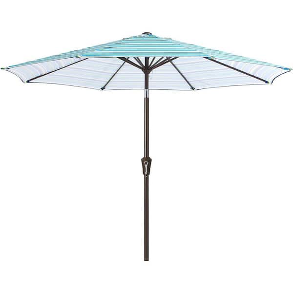 Unbranded 9 ft. Iron Market Tilt Patio Umbrella in Blue Green Stripe with Push Button Tilt