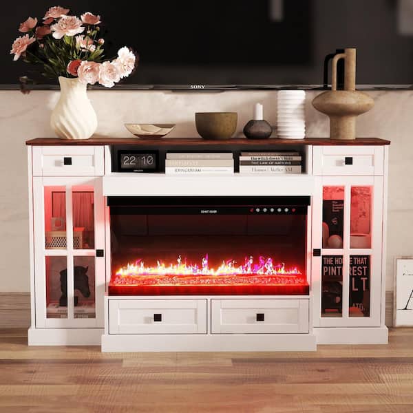 55.3 in. W Freestanding Electric Fireplace TV Stand Media Console in White with Remote Control, Fits TV up to 80 in.