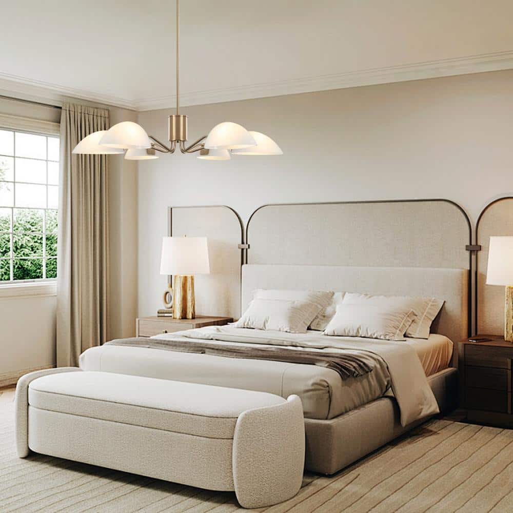 Modern Brass Chandelier with Milk Glass Shades, 6-Light
