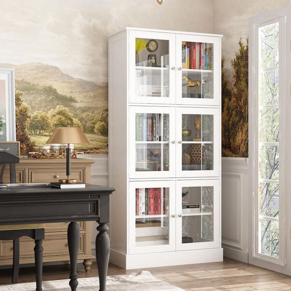 FUFU&GAGA White 67.9 in. Height Wooden Accent Storage Cabinet, Bookcase with 6 Shelves & Visible Tempered Glass Doors