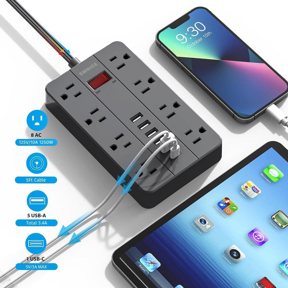 Black 8-Outlet Power Strip with USB Ports and 5 Ft Cord