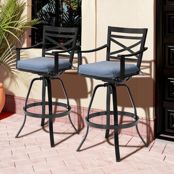 Swivel Cast Aluminum Outdoor Bar Stool with Sunbrella Spectrum Denim Blue Cushion (2-Pack)