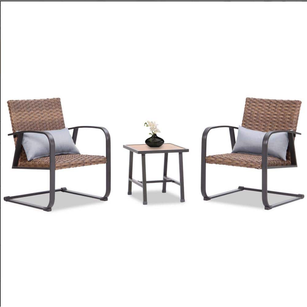 4 Piece Wicker Patio Conversation Seating Set, Spring Chair, Padded Seat an