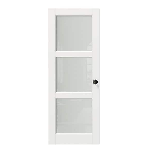 30 in. x 80 in. MDF Wood, Primed, White, 3-Lite, Frosted Glass Interior Door Slab With Black Goal Doorknob