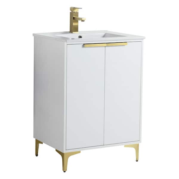 FINE FIXTURES 24 in. W x 18.5 in. D x 35.25 in. H Bath Vanity in White Matte with Satin Brass Hardware and White Ceramic Sink top