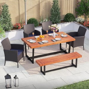Black 6-Piece Metal Patio Wood Outdoor Dining Set with Rectangular Table, 4 Rattan Chairs and Long Bench