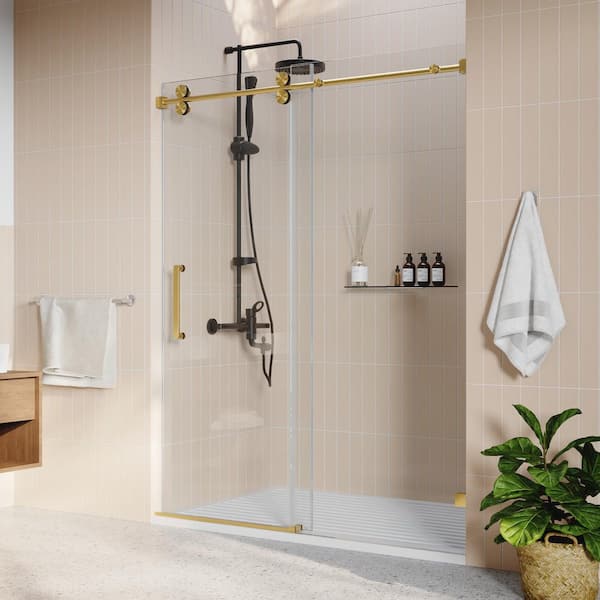 60 in. W x 76 in. H Sliding Frameless Shower Door in Brushed Gold with 3/8 in. (10mm) Clear Glass