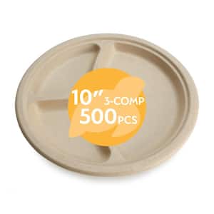 10 in. 3-Compartment Unbleached Bamboo Compostable Disposable Paper Plates