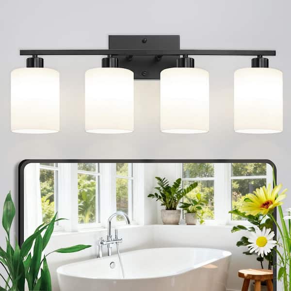 26.7 in. 4-Light Black Vanity Light with White Glass Shades