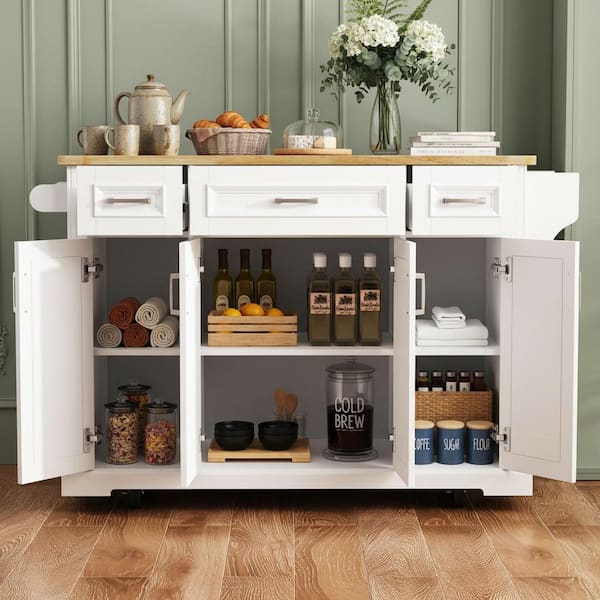 Rustic Coastal White Wood 54 in. Rubber Wood Drop Leaf Rolling Kitchen Island with 4-Door and 3-Drawer