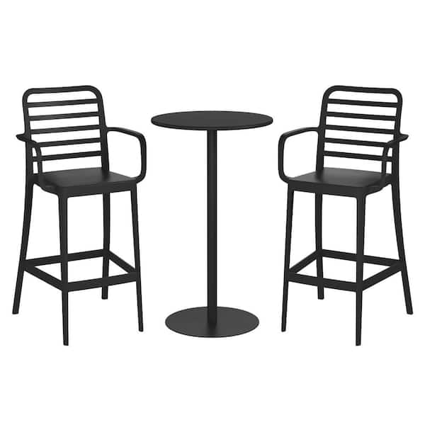 Frond&Form 3-Piece Outdoor Patio All Weather Bar Height Dining Set w/ Round Table and Bistro Arm Chairs, Black
