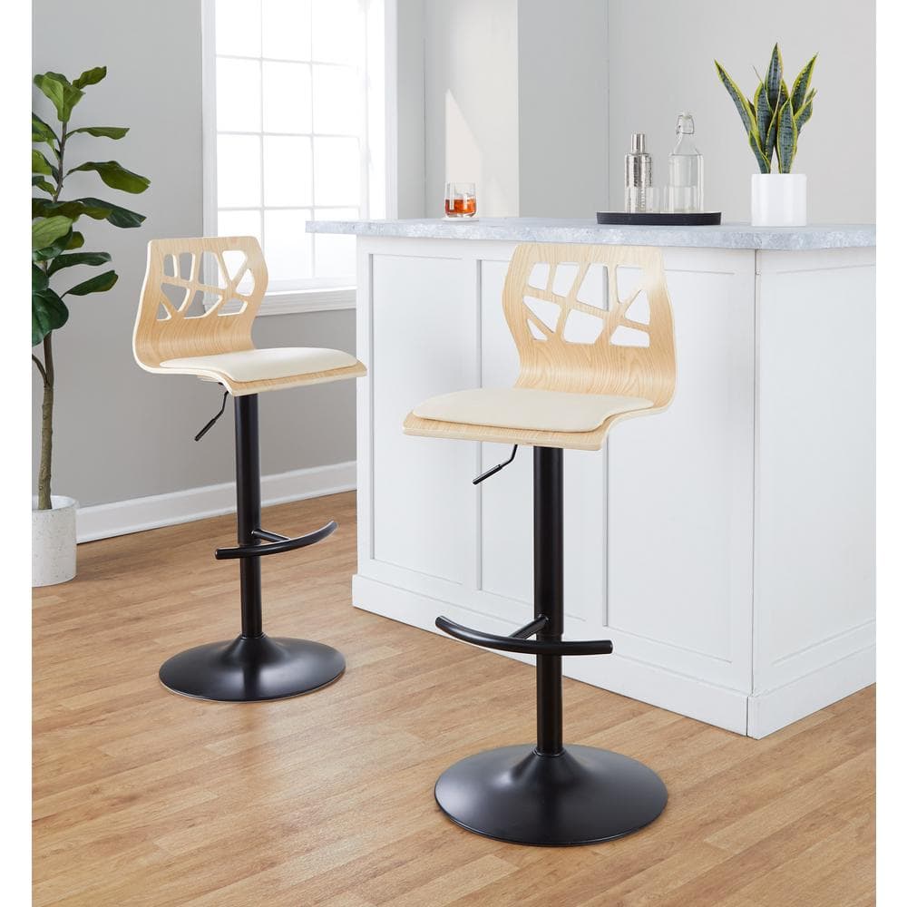 Adjustable Natural Wood and Cream Faux Leather Swivel Bar Stools