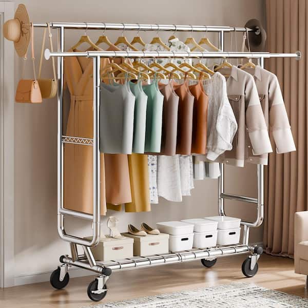 Heavy Duty Clothes Rack, Double Hanging Rod Clothing Garment Rack for Hanging Clothes, Adjustable Height Silver