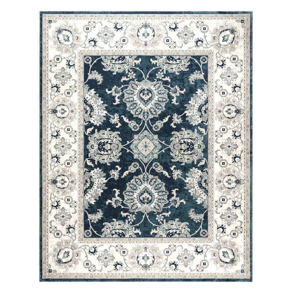 Moena Navy Blue Traditional Floral 6' x 9' Synthetic Area Rug