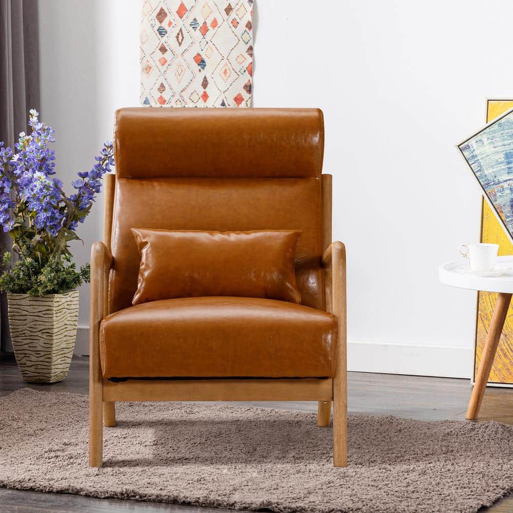 Camel Faux Leather Barrel Accent Chair with Wood Frame