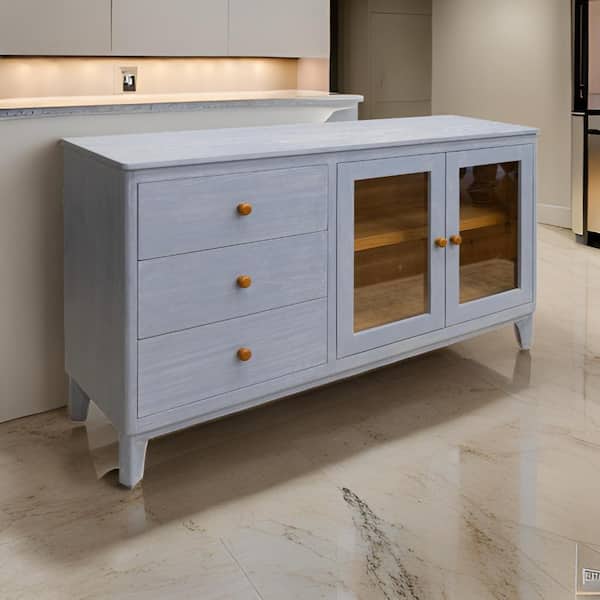 Benjara Blue, Brown and Clear Wood 59.25 in. Buffet with Cabinet and 3 Drawers