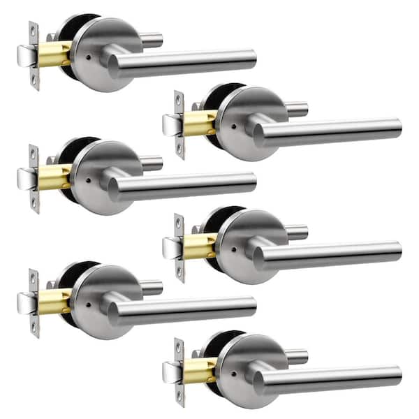Privacy Interior Door Handles Stain Nickel 304 Stainless Steel Keyless Door Levers for Bathroom Bedroom 6 Pack