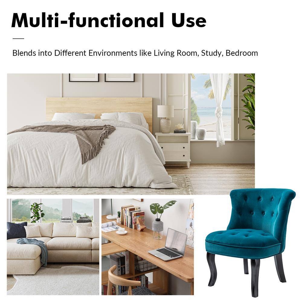 Teal Velvet Button-Tufted Armless Accent Chair with Wooden Legs