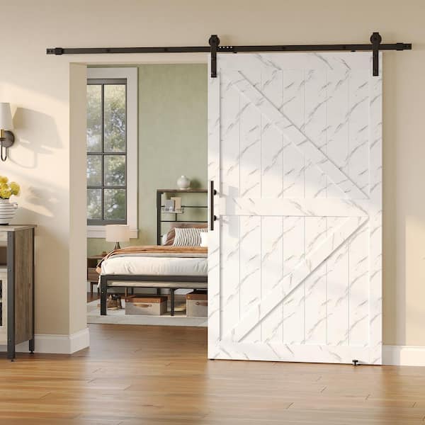48 in. x 84 in. Paneled off White Marble Primed MDF K Shape Sliding Barn Door with Hardware Kit and Handle and Lock