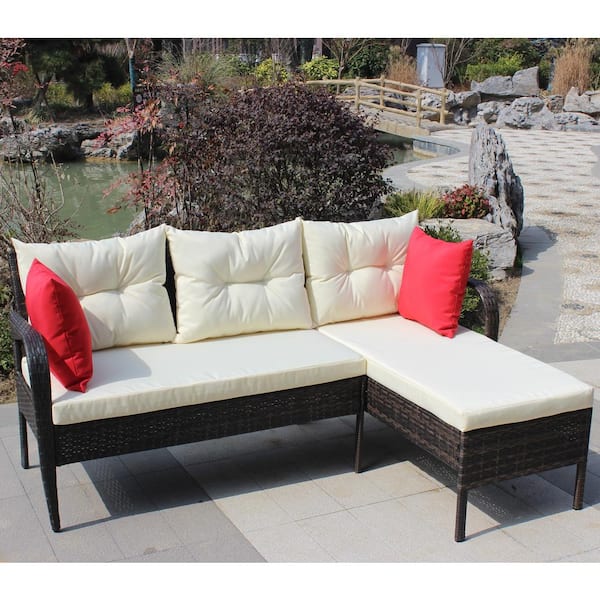 PARASOLAR Dark Brown 2-Piece Wicker Outdoor Sectional with Beige Cushions