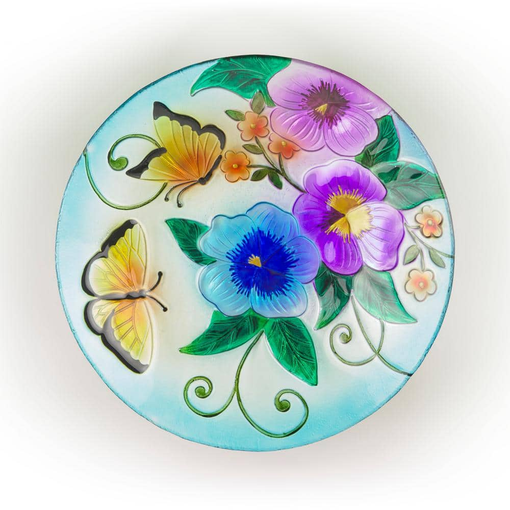 Alpine Corporation 18 in. Glass Birdbath Topper with Colorful Butterfly ...